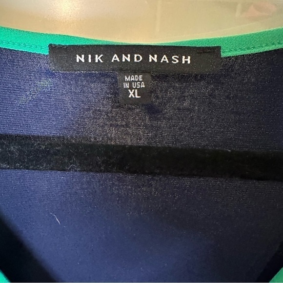 NIK AND NASH Size XL Faux Wrap Navy and Green Tie Dress - Picture 3 of 5